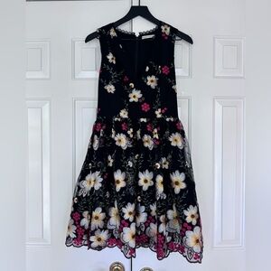 Alice + Olivia Black and Floral Embroidered Cocktail Dress, Size 6